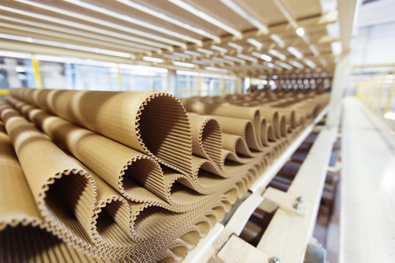 Closeup image of pleat cardboard row at factory background.<br />cardboard, corrugated, paper, factory, box, carton, industry, manufacturing, packaging, paperboard, conveyor, packing, industrial, texture, background, belt, textured, sheet, recycling, warehouse, abstract, pile, pattern, brown, close-up, pulp, rough, beige, storage, recycled, production, package, folded, line, plant, white, design, corrugate, material, transportation, detail, logistics, row, edge, mill, pasteboard, manufacture, making