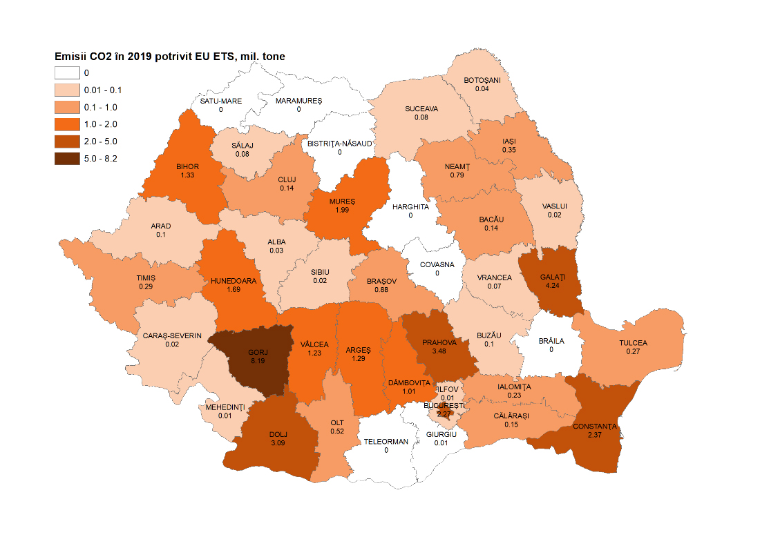 Figura 1. Emisii de CO2 la nivel de UAT și județ, 2019Sursa: EPG