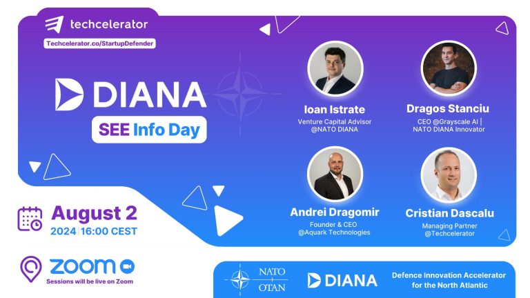 NATO: Inovatorii selectați în programul DIANA, acceleratorul NATO de inovare, pot primi pregătire, consultanță comercială și finanțare de până la 400.000 de euro. Aplicațiile sunt deschise până pe 9 august. 